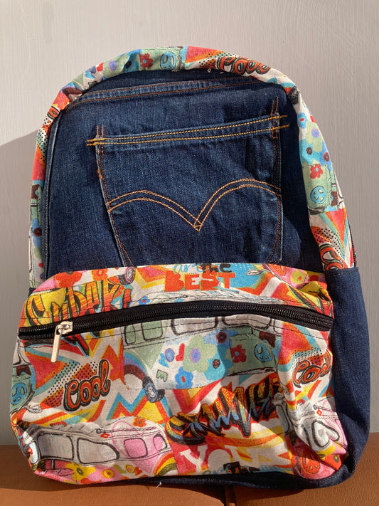 Patterned jeans backpack with writing